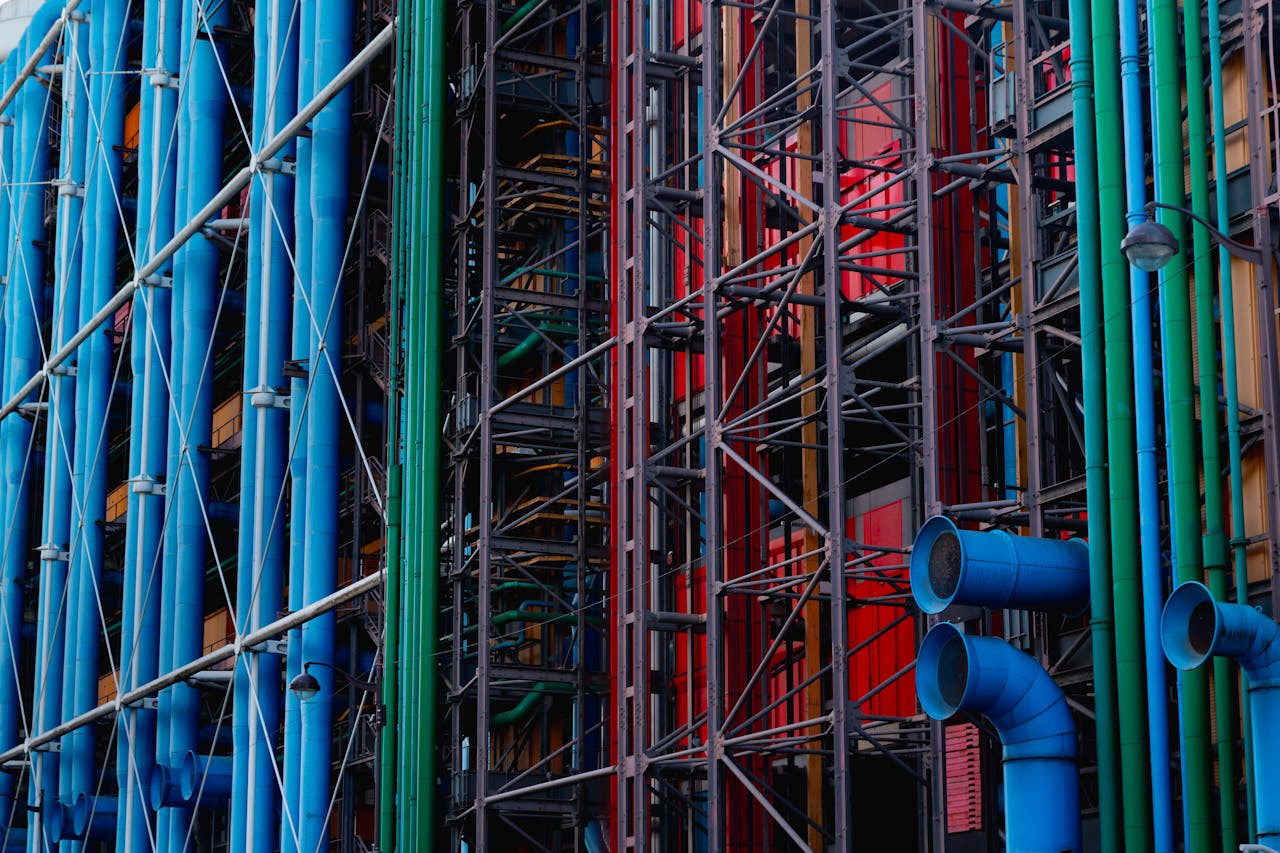 Vibrant pipes and structures of the Centre Pompidou in Paris, France.